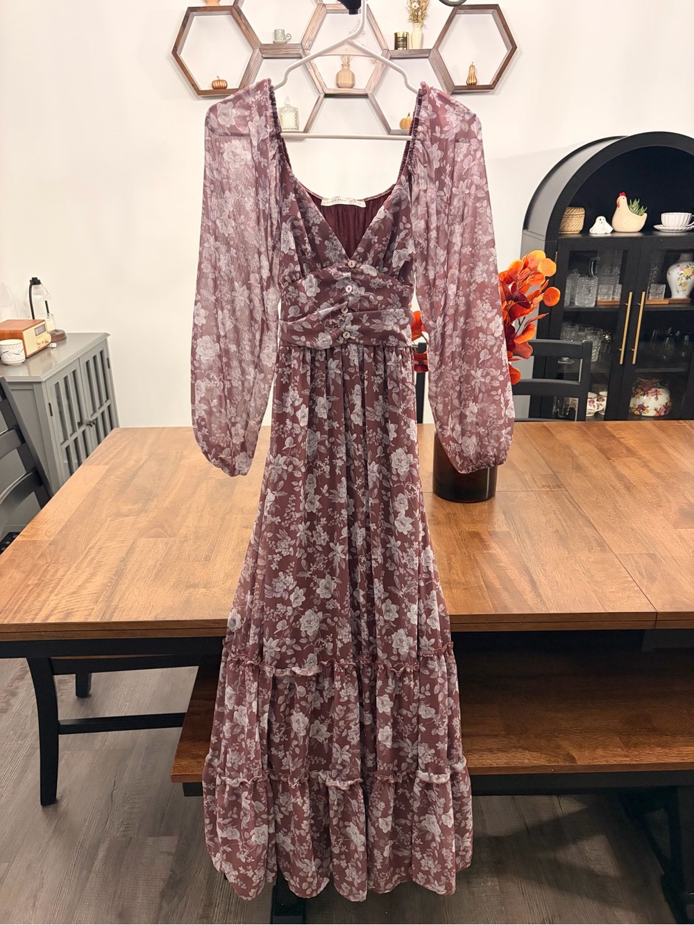 Altar'd State Dusty Rose Floral Maxi Dress with Sheer Puff Sleeves